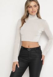 Jasnoszara Krótka Bluzka z Golfem Banirae. Szare bluzki damskie Born2be, l, bez wzorów, z jeansu, biznesowe, bez kołnierzyka, bez ramiączek. Za 74.99 zł.