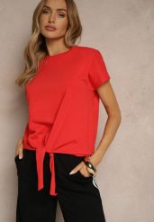 Czerwony Bawełniany T-shirt Wiązany u Dołu Sunalina. Czerwone t-shirty damskie Renee, l, bez wzorów, z bawełny, bez kołnierzyka, bez ramiączek. Za 29.99 zł.
