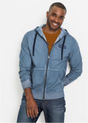 Bluza rozpinana z kapturem i efektem wytarcia. Niebieskie bluzy męskie bonprix, l, z aplikacjami, z kapturem. Za 159.99 zł.