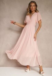 Różowa Rozkloszowana Sukienka z Kopertowym Dekoltem Obillis. Czerwone sukienki damskie Renee, na imprezę, uniwersalny, bez wzorów, z jeansu, eleganckie, bez kołnierzyka, bez ramiączek, maxi, kopertowe. Za 99.99 zł.
