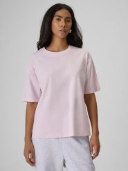 4F T-shirt loose z nadrukiem damski - różowy L. Czerwone t-shirty damskie 4F, l, bez wzorów, z bawełny, klasyczne, bez kołnierzyka, bez ramiączek. Za 59.99 zł.