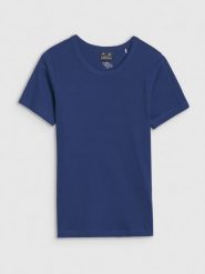 4F T-shirt slim z prążkowanej dzianiny damski - granatowy M. Niebieskie t-shirty damskie 4F, m, bez wzorów, z bawełny, klasyczne, bez kołnierzyka, bez ramiączek. W wyprzedaży za 39.99 zł.