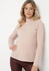 Jasnoróżowy Sweter z Półgolfem Prążkowany Kikida. Czerwone swetry nierozpinane damskie Born2be, m, bez wzorów, z jeansu, biznesowe, bez kołnierzyka, bez ramiączek. Za 74.99 zł.