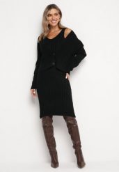 Czarny 2-częściowy Komplet Dzianinowy z Kardiganem i Sukienką Maranasa. Czarne sukienki damskie Born2be, z aplikacjami, z dzianiny, bez kołnierzyka, bez ramiączek. Za 84.99 zł.