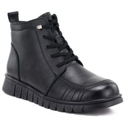 Skórzane botki damskie komfortowe czarne eVento 445. Czarne botki damskie eVento, bez wzorów, ze skóry, bez obcasa, bez zapięcia. Za 299.99 zł.