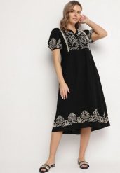 Czarna Bawełniana Sukienka Boho o Rozkloszowanym Kroju Zdobiona Haftem Lannivra. Czarne sukienki damskie Born2be, na co dzień, na lato, l, z aplikacjami, z bawełny, boho, bez kołnierzyka, bez ramiączek, midi, rozkloszowane. Za 139.99 zł.