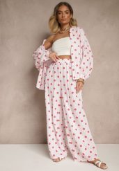 Różowe Szerokie Spodnie High Waist z Bawełny z Gumką w Talii Ranivaria. Czerwone spodnie materiałowe damskie Renee, na lato, bez wzorów, z bawełny, eleganckie, z podwyższonym stanem. Za 74.99 zł.