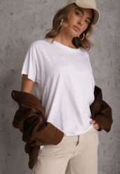 Biały T-shirt Basic Oversize z Bawełny Elusis. Białe t-shirty damskie Renee, m, bez wzorów, z bawełny, eleganckie, bez kołnierzyka, bez ramiączek. Za 39.99 zł.