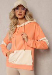 Pomarańczowa Oversizowa Bluza Typu Kangurka z Szeroką Kieszenią i Kapturem Iretha. Brązowe bluzy damskie Renee, l, bez wzorów, casualowe, bez ramiączek, z kapturem. Za 44.99 zł.
