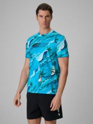 4F T-shirt regular z nadrukiem męski - niebieski L. Niebieskie t-shirty męskie 4F, l, bez wzorów, z bawełny, bez kołnierzyka, bez ramiączek. Za 89.99 zł.
