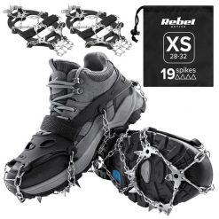 Raczki z kolcami nakładki na buty turystyczne rozmiar XS 28-32 REBEL. Szare obuwie trekkingowe damskie REBEL ACTIVE, z materiału, bez zapięcia. Za 49.00 zł.