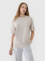4F T-shirt oversize gładki damski - beżowy M. Brązowe t-shirty damskie 4F, m, bez wzorów, z bawełny, klasyczne, bez kołnierzyka, bez ramiączek. W wyprzedaży za 39.99 zł.