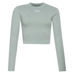 Damska koszulka z długim rękawem i haftem w prążki Superdry. Zielone bluzki damskie Superdry, bez wzorów, prążkowane, bez kołnierzyka, bez ramiączek. W wyprzedaży za 142.60 zł.