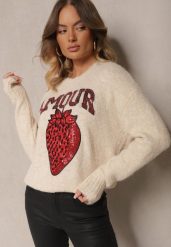 Jasnobeżowy Sweter z Dodatkiem Wełny Ozdobiony Naszywką Truskawką i Napisem Zozizelle. Brązowe swetry nierozpinane damskie Renee, m, z aplikacjami, z wełny, casualowe, bez kołnierzyka, bez ramiączek. Za 139.99 zł.