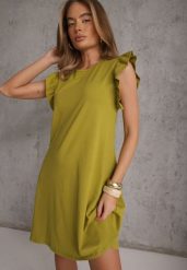 Ciemnozielona Trapezowa Sukienka z Elastycznej Bawełny z Falbankami Przy Ramionach Aleradia. Zielone sukienki damskie Renee, na imprezę, na lato, l, bez wzorów, z bawełny, bez kołnierzyka, bez ramiączek, mini, trapezowe. Za 59.99 zł.