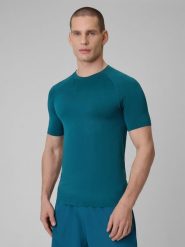 4F Koszulka treningowa slim bezszwowa męska - granatowa L/XL. Niebieskie koszulki sportowe męskie 4F, l, bez wzorów, ze skóry, bez kołnierzyka, bez ramiączek. Za 99.99 zł.