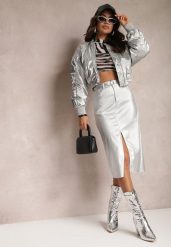 Srebrna Ołówkowa Spódnica Metaliczna Midi Serenita. Szare spódnice damskie Renee, m, bez wzorów, z tkaniny, eleganckie, midi, ołówkowe. Za 119.99 zł.