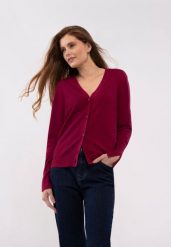 Krótki kardigan S-VIVI. Czerwone kardigany damskie Volcano, s, bez wzorów, z materiału, eleganckie, bez kołnierzyka. Za 139.99 zł.