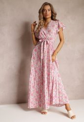 Jasnoróżowa Plisowana Sukienka Maxi w Kwiatki z Gumką w Talii Ikama. Czerwone sukienki damskie Renee, l, bez wzorów, z materiału, bez kołnierzyka, bez ramiączek, maxi. Za 59.99 zł.
