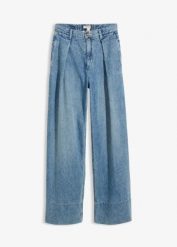 Jeansy wide leg, high waist. Niebieskie jeansy damskie bonprix, bez wzorów, z jeansu, z podwyższonym stanem. Za 79.99 zł.