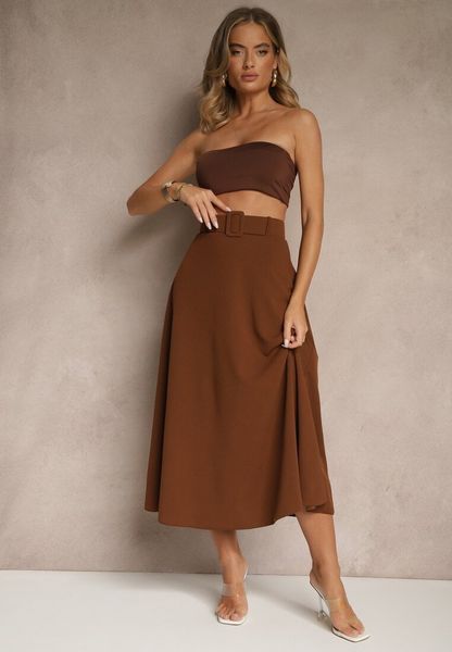 Brązowa Rozkloszowana Spódnica Maxi z Paskiem i Klamrą Adlirca. Brązowe spódnice damskie Renee, s, bez wzorów, maxi, rozkloszowane. Za 69.99 zł.