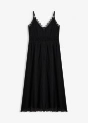 Sukienka midi z koronkową wstawką. Czarne sukienki damskie bonprix, bez wzorów, z koronki, eleganckie, bez kołnierzyka, bez ramiączek, midi. Za 149.99 zł.