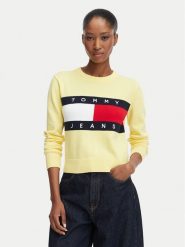 Tommy Jeans Sweter Flag DW0DW22930 Żółty jasny Regular Fit. Żółte swetry nierozpinane damskie Tommy Jeans, xs, bez wzorów, z bawełny, bez kołnierzyka, bez ramiączek. Za 409.99 zł.