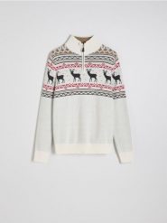 Sweter z rozpinanym golfem - złamana biel. Swetry męskie Reserved, l, bez wzorów, z bawełny, bez kołnierzyka, bez ramiączek. W wyprzedaży za 49.99 zł.