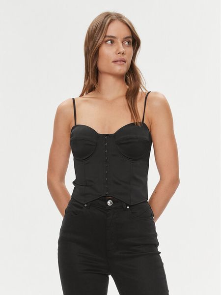 Guess Top W4RH17 WD1R2 Czarny Slim Fit. Czarne topy damskie Guess, m, z aplikacjami, z syntetyku, bez kołnierzyka, bez ramiączek. Za 259.99 zł.