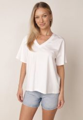 Biały T-shirt z Bawełny z Trójkątnym Dekoltem Siliphe. Białe t-shirty damskie Born2be, uniwersalny, bez wzorów, z bawełny, biznesowe, bez kołnierzyka, bez ramiączek. Za 79.99 zł.