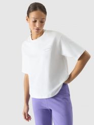 4F T-shirt oversize z nadrukiem damski - biały S. Białe t-shirty damskie 4F, s, bez wzorów, z bawełny, klasyczne, bez kołnierzyka, bez ramiączek. W wyprzedaży za 39.99 zł.