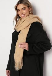 Beżowy Wełniany Szalik z Frędzlami Diethild. Brązowe szaliki damskie Born2be, bez wzorów, z wełny. Za 49.99 zł.