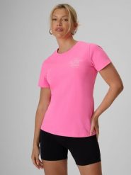4F T-shirt regular z nadrukiem damski - różowy XXL. Czerwone t-shirty damskie 4F, xxl, bez wzorów, z bawełny, klasyczne, bez kołnierzyka, bez ramiączek. Za 59.99 zł.