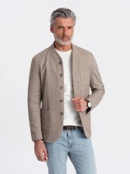 Stylowa marynarka męska bez klap - jasnobrązowa V2 - Rozmiar: L. Brązowe garnitury męskie Ombre Clothing, l, bez wzorów, z materiału, eleganckie. W wyprzedaży za 149.99 zł.