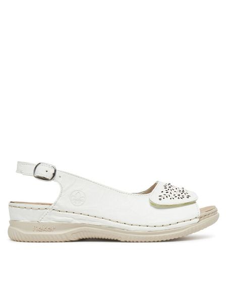 Rieker Sandały V7450-80 Biały. Białe sandały damskie Rieker, bez wzorów, ze skóry, bez obcasa, na płaskiej podeszwie, bez zapięcia. Za 339.99 zł.