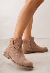 Ciemnobeżowe Ażurowe Botki na Płaskiej Podeszwie ze Skórzaną Wkładką Terilara. Brązowe botki damskie Renee, w ażurowe wzory, z jeansu, bez obcasa, na płaskiej podeszwie, bez zapięcia. Za 179.99 zł.