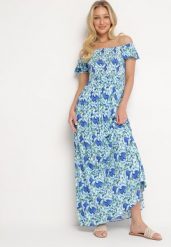 Niebieska Rozkloszowana Sukienka Typu Hiszpanka z Marszczoną Górą Jesteria. Niebieskie sukienki damskie Born2be, na imprezę, l, bez wzorów, eleganckie, bez kołnierzyka, bez ramiączek, maxi, rozkloszowane. Za 69.99 zł.