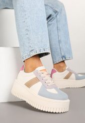 Beżowo-Niebieskie Sneakersy Typu Tenisówki na Żłobionej Platformie Lorreia. Brązowe trampki i tenisówki damskie Renee, bez wzorów, z jeansu, bez zapięcia. Za 89.99 zł.