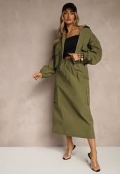 Zielony Komplet z Bawełną Spódnica i Rozpinana Bluza Evorea. Zielone bluzy damskie Renee, na lato, l, bez wzorów, z bawełny, bez ramiączek, bez kaptura. Za 249.99 zł.
