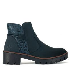 Botki Rieker. Niebieskie botki damskie Rieker, bez wzorów, bez obcasa, na płaskiej podeszwie, bez zapięcia. Za 311.00 zł.