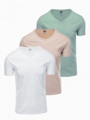 Zestaw bawełnianych koszulek męskich V-neck BASIC – szarozielony/biały/beżowy V14 - Rozmiar: L. Zielone t-shirty męskie Ombre Clothing, l, bez wzorów, z bawełny, bez kołnierzyka, bez ramiączek. W wyprzedaży za 112.49 zł.