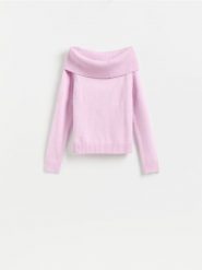 Sweter z wykładanym golfem - różowy. Czerwone swetry nierozpinane damskie Reserved, l, bez wzorów, z dzianiny, bez kołnierzyka, bez ramiączek. Za 119.99 zł.