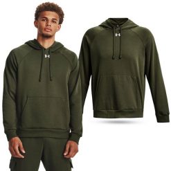 Bluza fitness męska UNDER ARMOUR Rival Fleece Hoodie z kapturem. Zielone bluzy męskie Under Armour, m, bez wzorów, z kapturem, na fitness i siłownię. Za 169.99 zł.