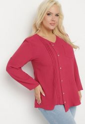 Fuksjowa Bluzka z Ozdobnymi Guzikami i Kieszonką Ilavinna. Czerwone bluzki damskie Born2be, xl, bez wzorów, z jeansu, eleganckie, bez kołnierzyka, bez ramiączek. Za 69.99 zł.