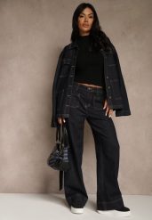 Granatowe Szerokie Jeansy z Bawełną High Waist Ozdobione Kieszeniami Lalla. Niebieskie jeansy damskie Renee, bez wzorów, z bawełny, z podwyższonym stanem. Za 99.99 zł.