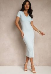 Jasnoniebieska Sukienka Bodycon o Dopasowanym Kroju z Dekoltem w V Efrerina. Niebieskie sukienki damskie Renee, na co dzień, l, bez wzorów, z jeansu, eleganckie, bez kołnierzyka, bez ramiączek, midi, bodycon. Za 89.99 zł.