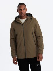Lekka męska kurtka typu sztormiak z kapturem – brązowa V2 OM-JANP-0191 - XXL. Brązowe kurtki męskie Ombre Clothing, l, z aplikacjami, z gumy, z kapturem. Za 191.99 zł.
