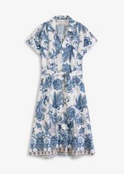 Sukienka z wiązanym paskiem. Brązowe sukienki damskie bonprix, bez wzorów, eleganckie, bez kołnierzyka, bez ramiączek. Za 169.99 zł.