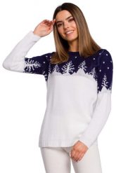 Sweter z Motywem Choinek -- Granatowy. Niebieskie swetry nierozpinane damskie MOE, uniwersalny, bez wzorów, z materiału, bez kołnierzyka, bez ramiączek. Za 211.90 zł.