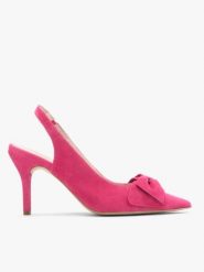 Czółenka typu slingback w kolorze fuksji. Fioletowe czółenka damskie Brawo sp. z o.o., bez wzorów, z gumy, bez obcasa, na szpilce, bez zapięcia. Za 399.99 zł.
